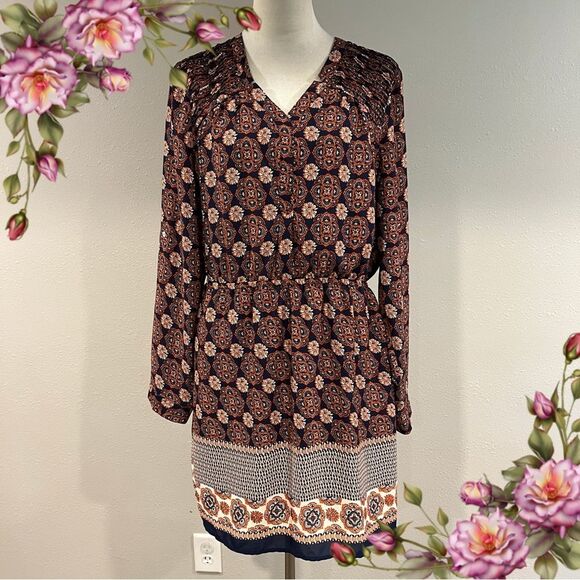 DR2 Floral Long Sleeve mini Dress bohemian style size large - Picture 1 of 15